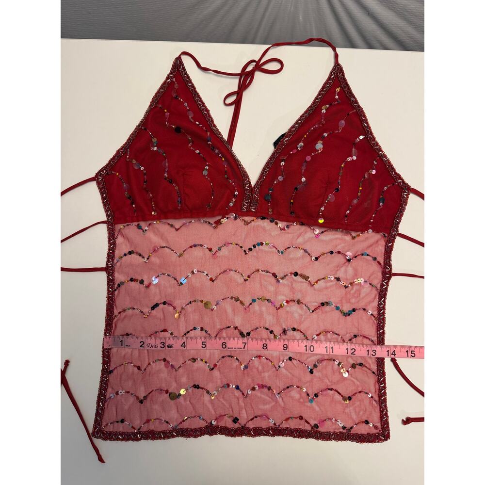 Y2K Vanity Womens M Mesh Backless Sequined Sheer Top Red Festival Fairy - Picture 10 of 10